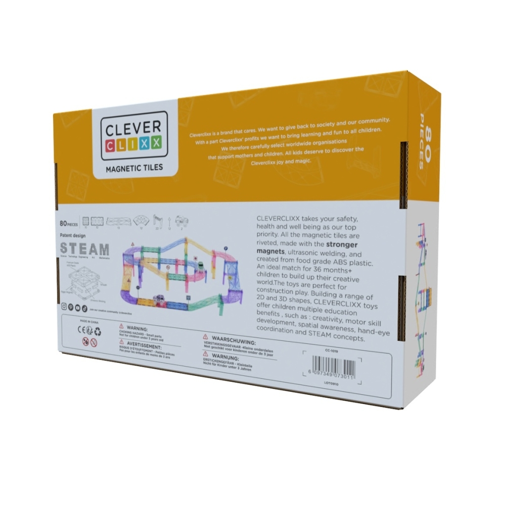 Joc magnetic Traseu de curse 80 piese pastel, Cleverclixx